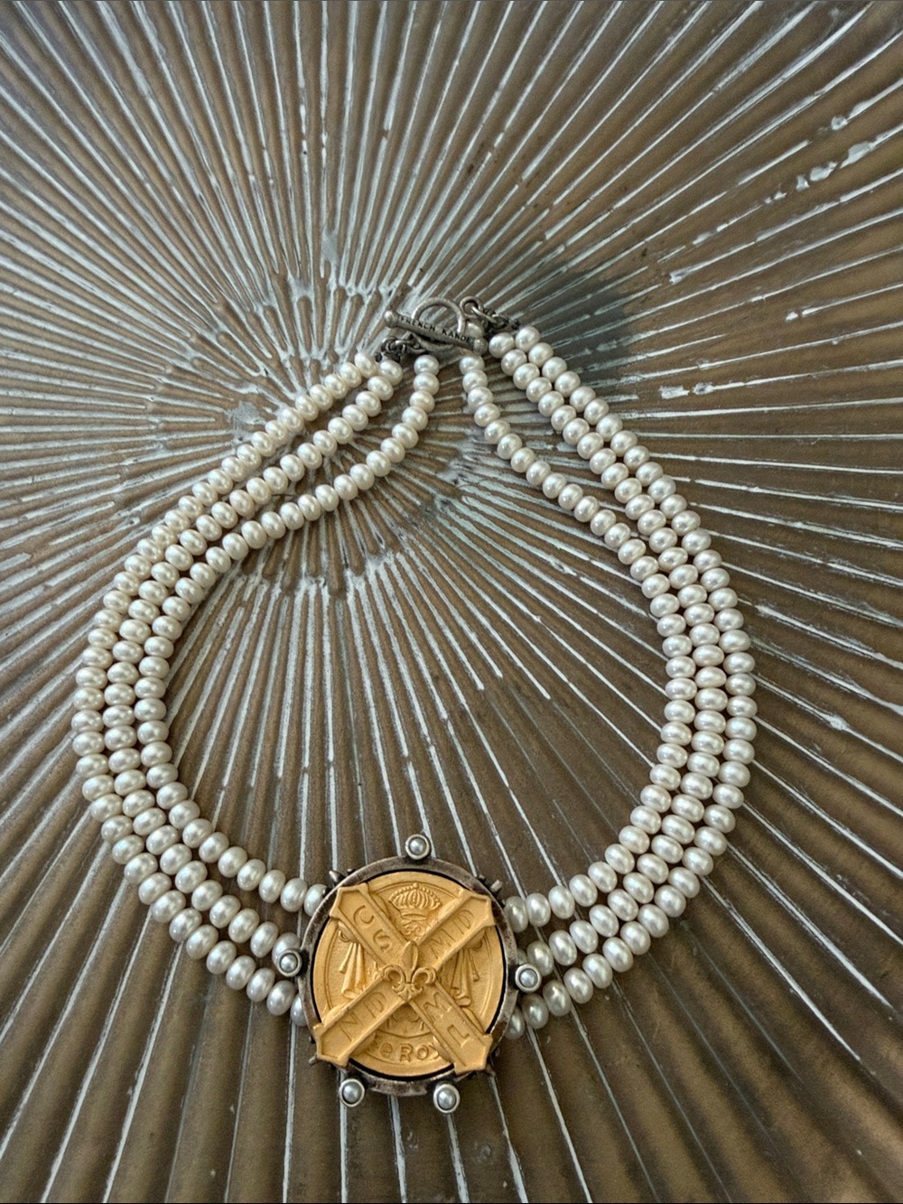 Triple-Strand Cream Pearl Necklace with Gold Medallion Pendant